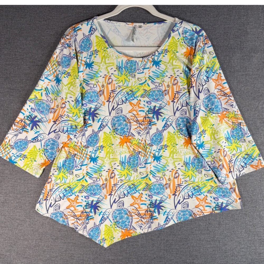 Lulu-B Sea Turtle Palm Tree Print Asymmetric Hem Top 3/4 Sleeve Stretch XL